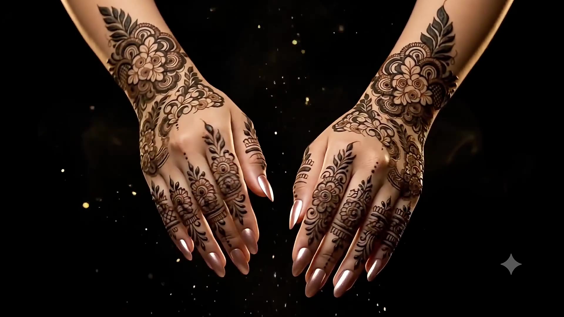 Bridal mehndi hands, gold rim light on black background